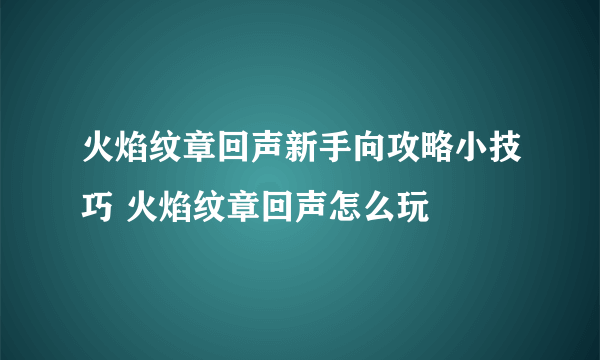 火焰纹章回声新手向攻略小技巧 火焰纹章回声怎么玩