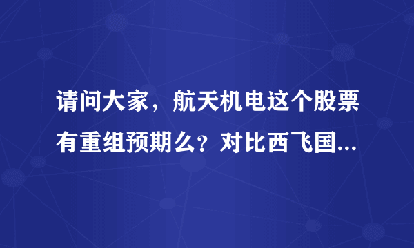 请问大家，航天机电这个股票有重组预期么？对比西飞国际，哪个比较好哦，希望高手帮忙看一下，谢谢