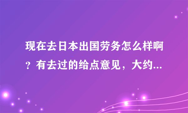 现在去日本出国劳务怎么样啊？有去过的给点意见，大约费用多少钱，一年能有多少收入