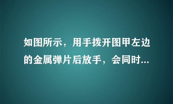 如图所示，用手拨开图甲左边的金属弹片后放手，会同时观察到两个现象（如图乙所示），请用所学的物理知识解释这两个现象。（1）硬纸片为什么会飞出？（2）硬纸片上的砝码为什么没有飞出，而是落在支架上？