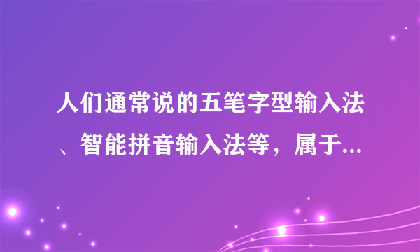 人们通常说的五笔字型输入法、智能拼音输入法等，属于汉字的（）。