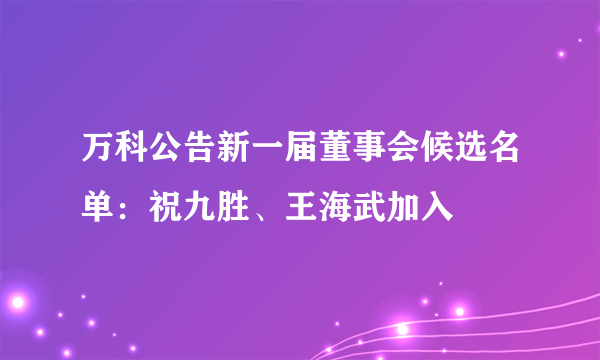 万科公告新一届董事会候选名单：祝九胜、王海武加入