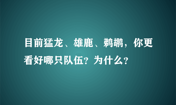 目前猛龙、雄鹿、鹈鹕，你更看好哪只队伍？为什么？