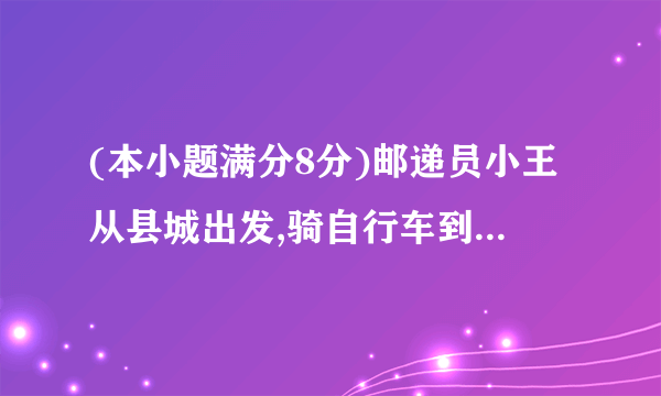 (本小题满分8分)邮递员小王从县城出发,骑自行车到A村投递,途中遇到县城中学的学生李明从A村步行返校.小王在A村完成投递工作后,返回县城途中又遇到李明,便用自行车载上李明,一起到达县城,结果小王比预计时间晚到1分钟.二人与县城间的距离(千米)和小王从县城出发后所用的时间(分)之间的函数关系如图,假设二人之间交流的时间忽略不计.(1)小王和李明第一次相遇时,距县城多少千米?直接写出答案.(2)求小王从县城出发到返回县城所用的时间.(3)李明从A村到县城共用多少时间?